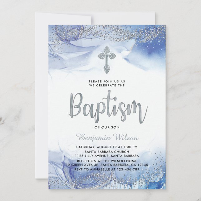 Silver And Blue Boy Baptism Invitation (Front)