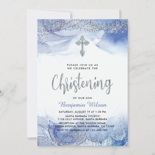Silver And Blue Boy Christening Invitation (Front)