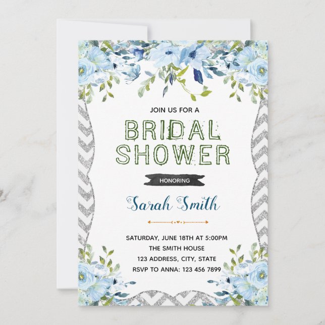 Silver and blue bridal shower invitation (Front)