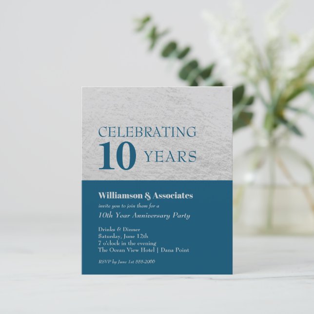 Silver and Blue Business Anniversary Invitations (Standing Front)
