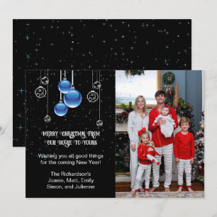 Silver and Blue Christmas Ornaments Sparkle Photo Holiday Card