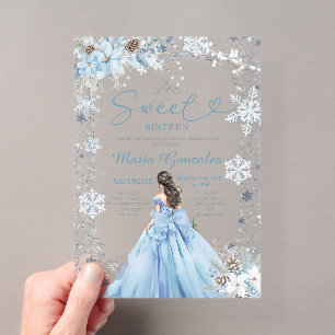 Silver and Blue Christmas Sweet Sixteen Birthday Acrylic Invitations