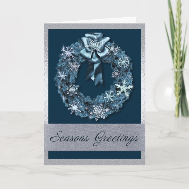 Silver and Blue Christmas Wreath Holiday Card (Front)