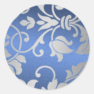 Silver and Blue Damask Design Classic Round Sticker