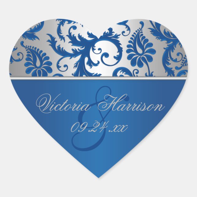 Silver and Blue Damask Heart Shaped Sticker (Front)