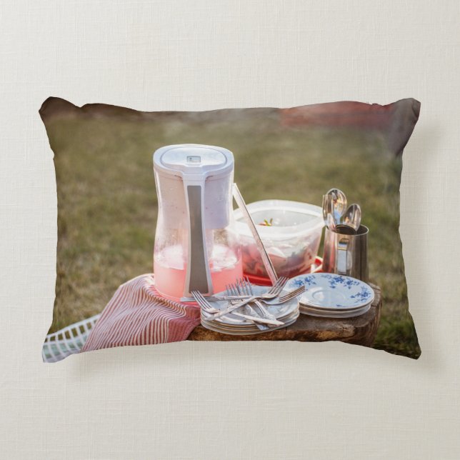 Silver-and-blue floral ceramic plates and pitcher accent pillow (Front)