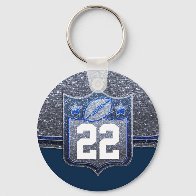Silver and Blue Glitter Football Jersey Number Keychain (Front)