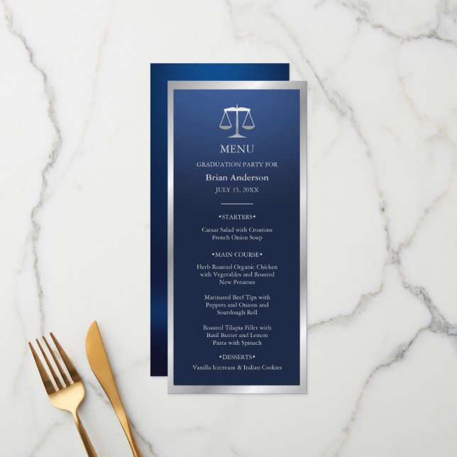 Silver and Blue Justice Logo Law School Graduation Menu (Front/Back In Situ)