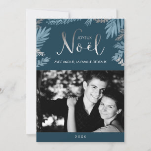 Silver and Blue Leaves Joyeux Noël Photo Holiday Card