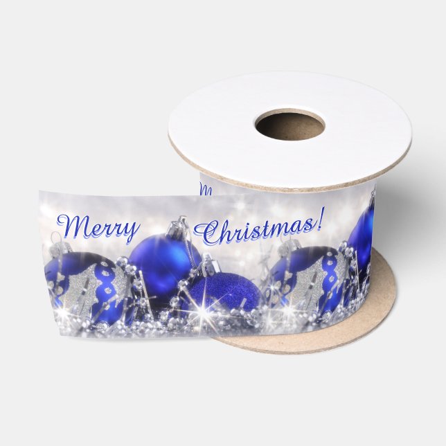 Silver And Blue Merry Christmas Satin Ribbon (Spool)