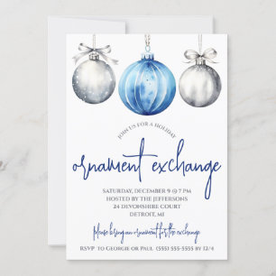 Silver and Blue Ornament Exchange Holiday Party Invitation