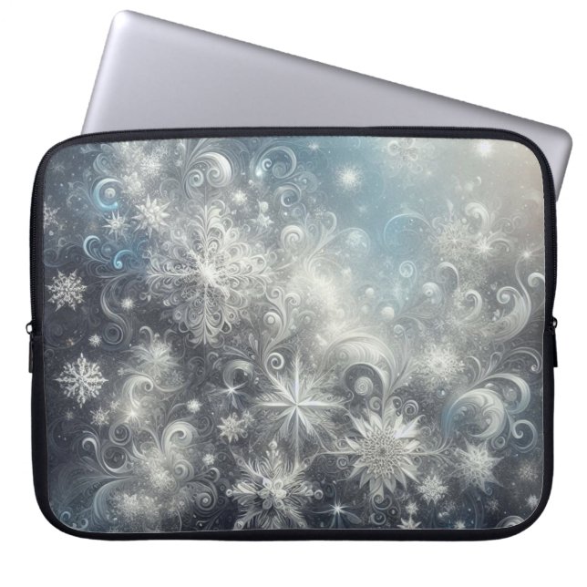 Silver and Blue Snowflake Winter Laptop Sleeve (Front)