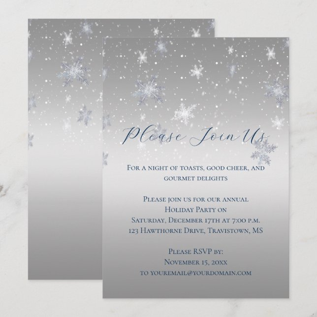 Silver and Blue Snowflakes Christmas Party | Invitation (Front/Back)