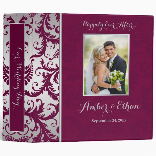 Silver and Burgundy Damask Wedding Binder/Album Binder (Front/Spine)