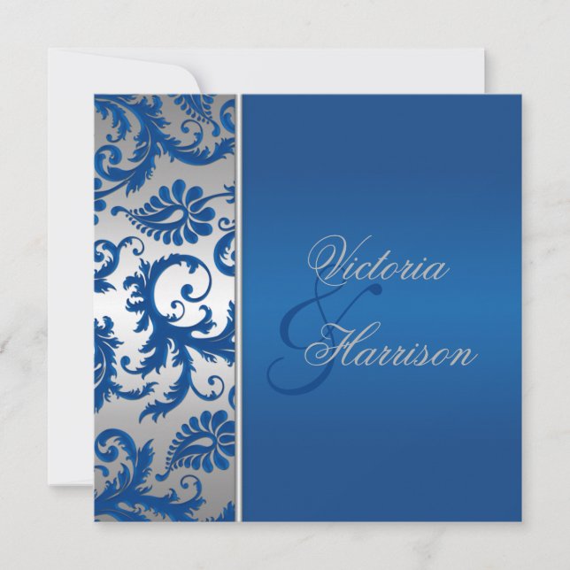 Silver and Cobalt Blue Damask Wedding Invitation (Front)