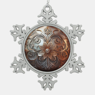 Silver And Copper Grunge Designed Snowflake Pewter Christmas Ornament