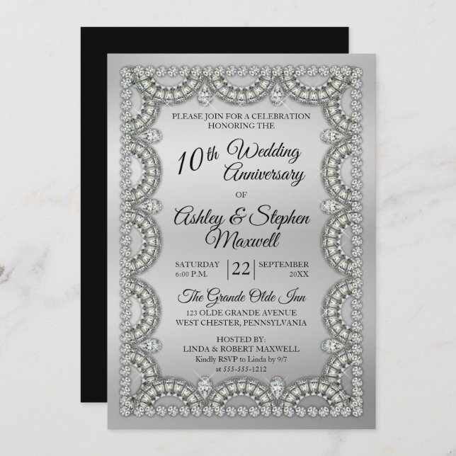 Silver and Diamond 10th Wedding Anniversary Party Invitation (Front/Back)