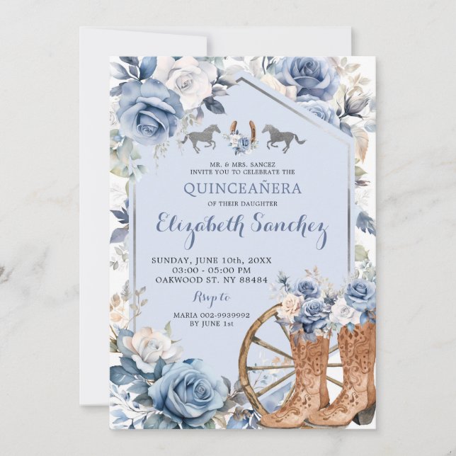 Silver and Dusty Blue Western Charra Quinceañera Invitation (Front)