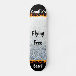 Silver and Flames Unique Personalized Name Skateboard