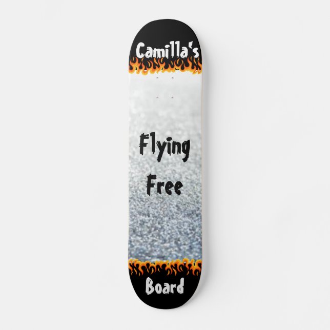 Silver and Flames Unique Personalized Name Skateboard (Front)