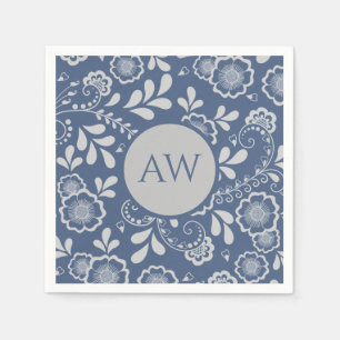 Silver and French Blue Victorian Lace Monogram Napkin