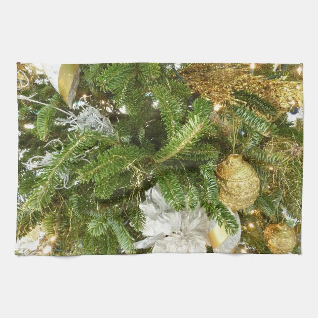 Silver and Gold Christmas Tree I Holiday Kitchen Towel (Horizontal)