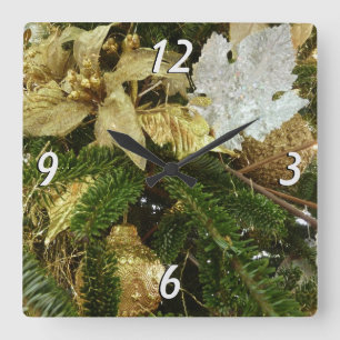 Silver and Gold Christmas Tree II Holiday Square Wall Clock