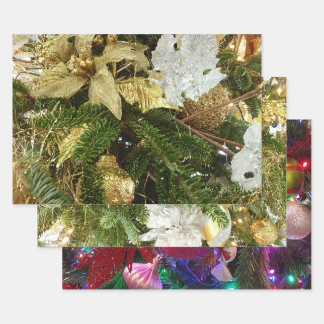 Silver and Gold Christmas Tree II Holiday Wrapping Paper Sheet (Set)