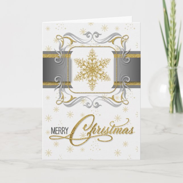Silver and Gold Elegant Christmas Snowflake Holiday Card (Front)