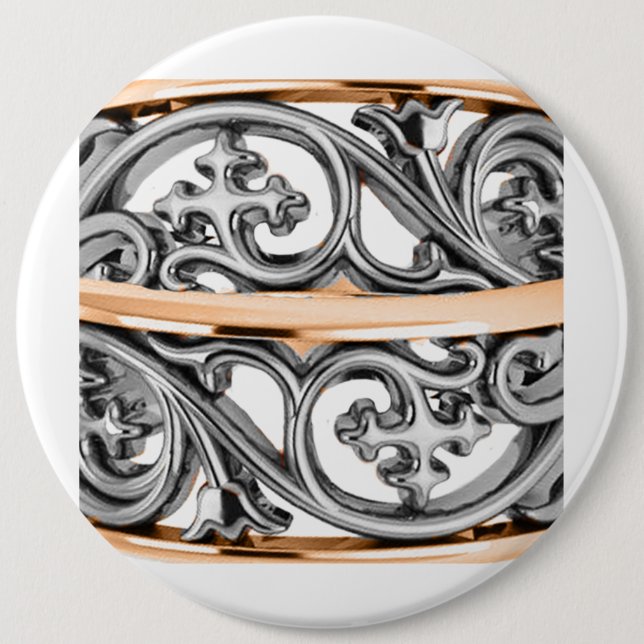 Silver and Gold Filigree Cross Pattern 6 Inch Round Button (Front)