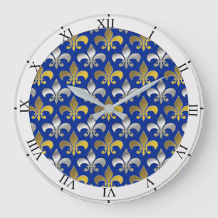 Silver and Gold Fleurs-de-lis on Blue Background Large Clock