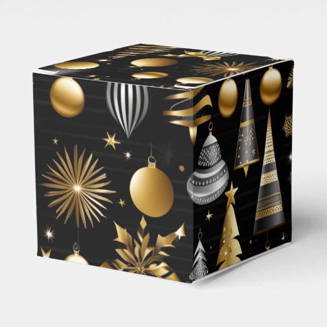 Silver And Gold Holiday Ornaments Cube Favor Box (Front Side)