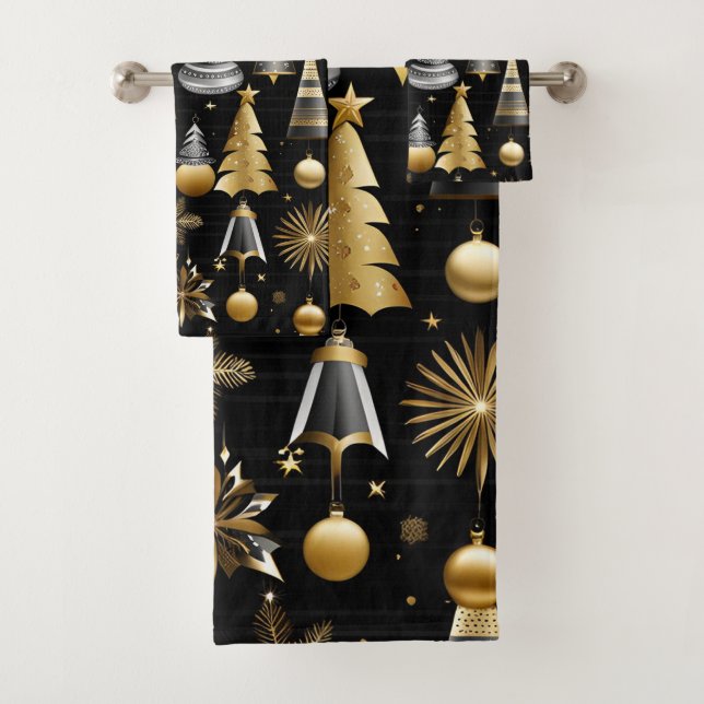 Silver And Gold Holiday Ornaments Pattern Bath Towel Set (Insitu)