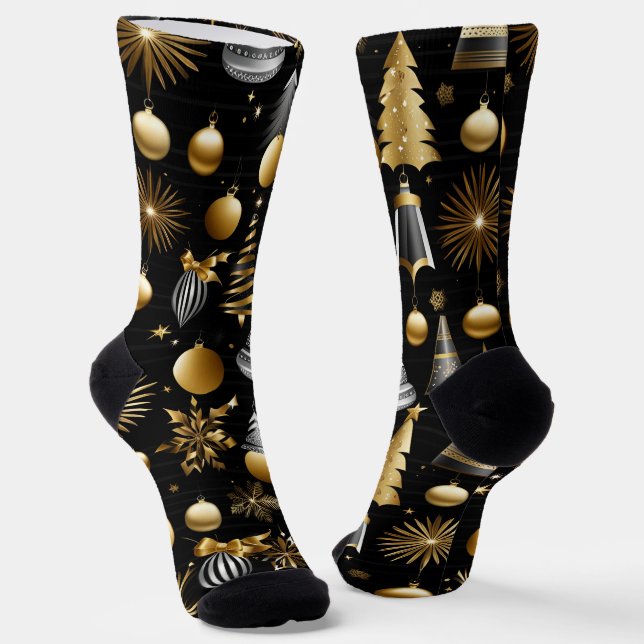 Silver And Gold Holiday Ornaments Socks (Angled)