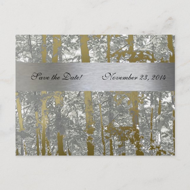 Silver and Gold Metallic Trees Save the Date Announcement Postcard (Front)