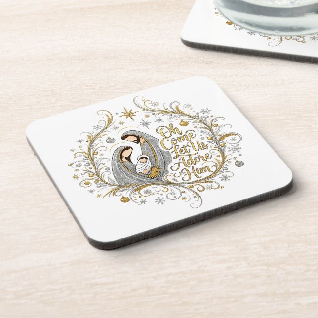 Silver and gold nativity Christmas Coaster (Left Side)