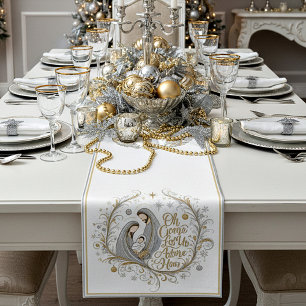 Silver and gold nativity Christmas Short Table Runner