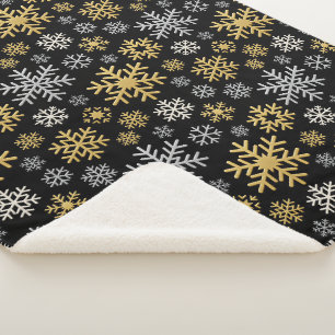 Silver and Gold Snowflakes on Black Background Sherpa Blanket