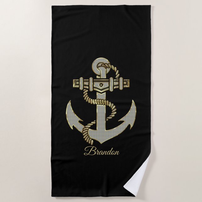 Silver and gold tone nautical boat anchor fleece b beach towel (Front)