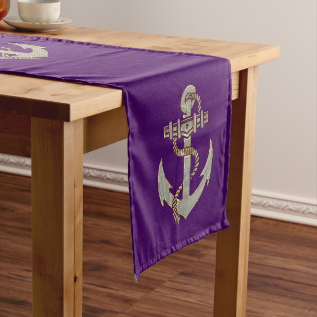 Silver and gold tone nautical boat anchor fleece b short table runner (In Situ)