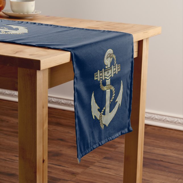 Silver and gold tone nautical boat anchor fleece b short table runner (In Situ)