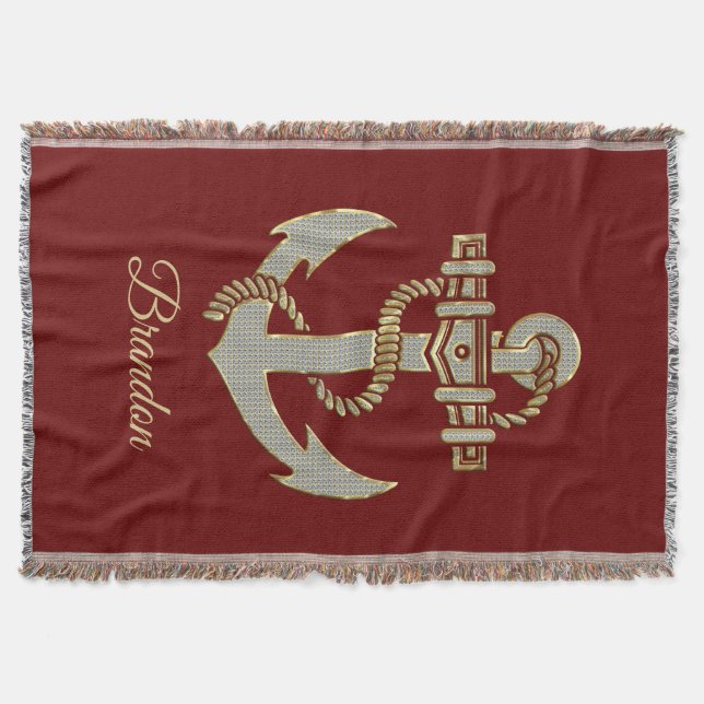 Silver and gold tone nautical boat anchor fleece b throw blanket (Front)