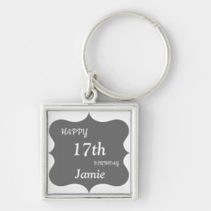 Silver and Gray Happy 17th Birthday personalised Keychain