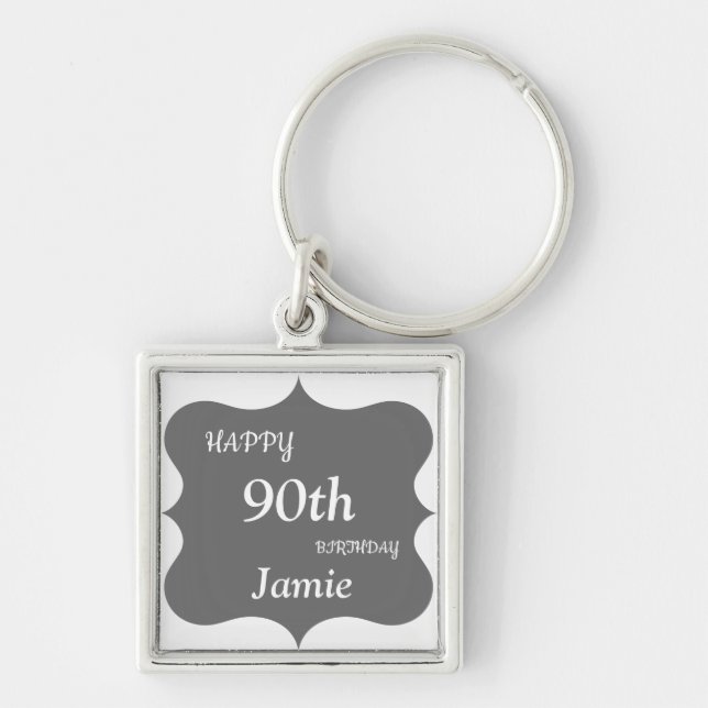 Silver and Gray Happy 90th Birthday personalised Keychain (Front)