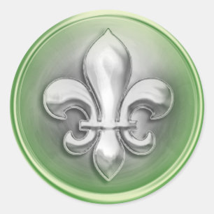Silver and Green Fleur de Lis Embossed Look Classic Round Sticker