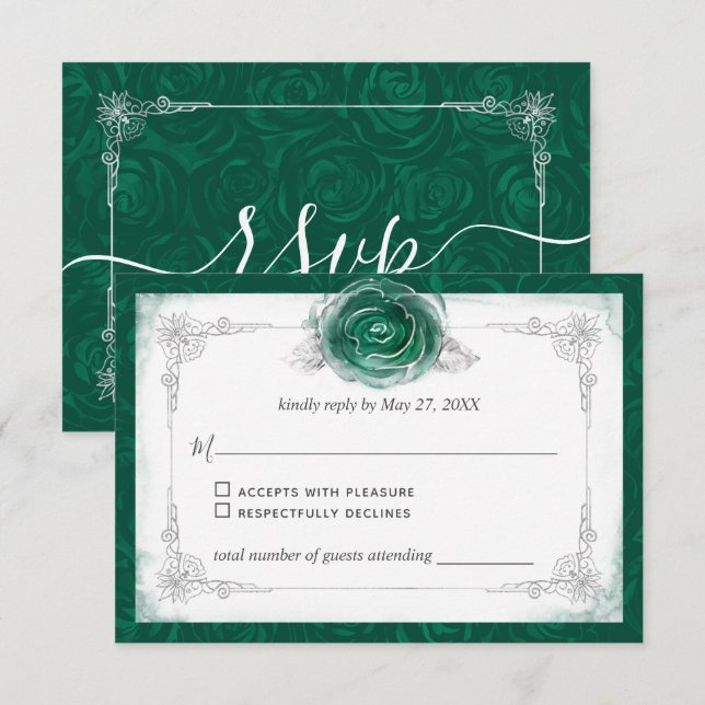 Silver and Green Roses Elegant RSVP Card (Front/Back)