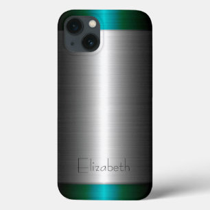 Silver and Green Stainless Steel Metal iPhone 13 Case