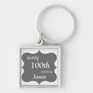 Silver and Grey Happy 100th Birthday personalised Keychain