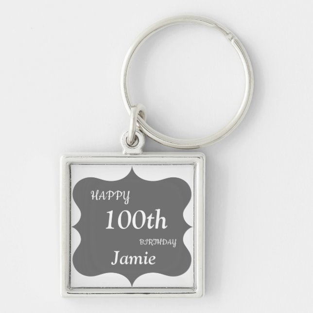 Silver and Grey Happy 100th Birthday personalised Keychain (Front)