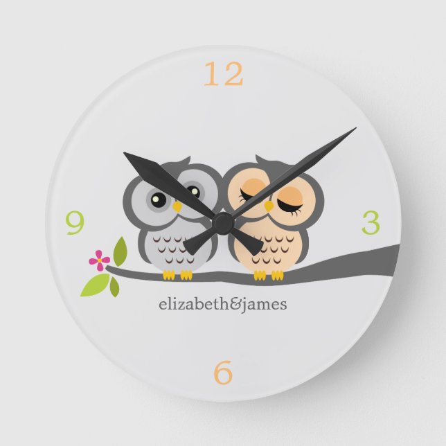Silver and Grey Owl Couple Round Clock (Front)